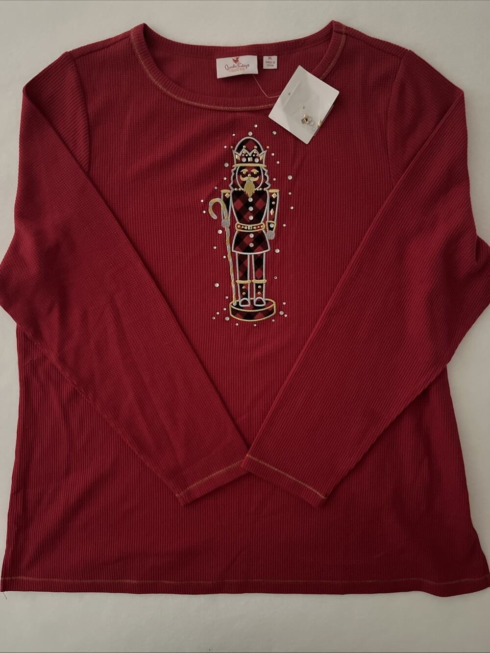 Quacker Factory Waffle Knit Top Women XL Red Holiday Nutcracker Rhinestone NWT